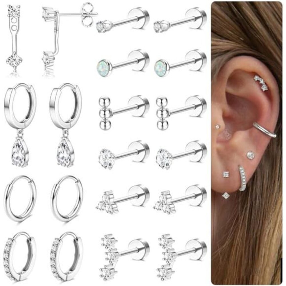Hypoallergenic Flat Back Earrings 14K Gold Plated Cartilage Earring Sets